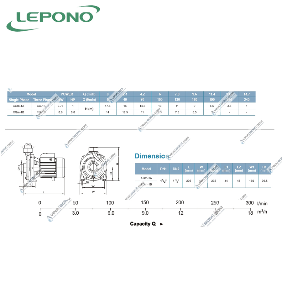 Máy bơm nước ly tâm lưu lượng Lepono XGM - 1A (0.75kw-1hp) 4